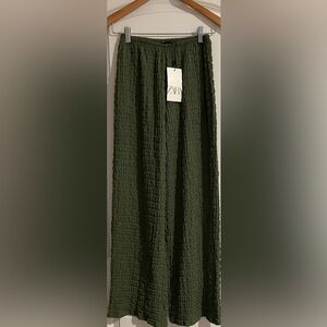 Zara Textured Structure Pants Olive Green Elastic Waist Wide Leg Comfy Boho Sz S